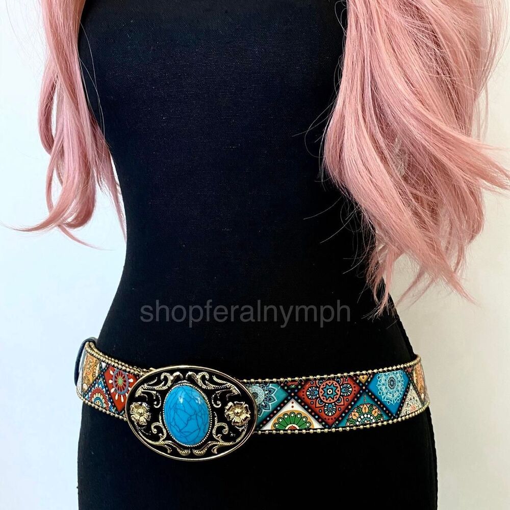 Boho Colorful Turquoise Buckle Western Y2K Belt, Fits 36.5-45 Inches, X7GA1289 - Picture 3 of 7